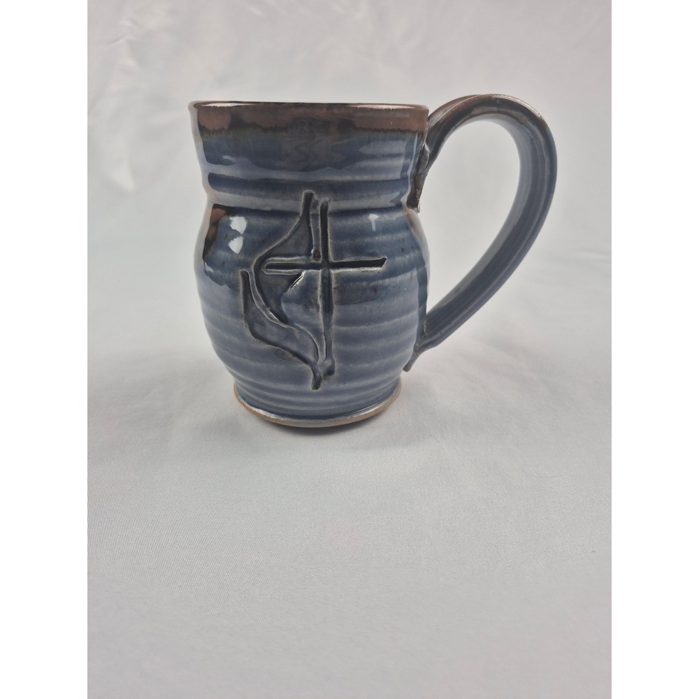 Handmade Studio Pottery United Methodist Cross Flame Coffee Mug Blue Signed BL
